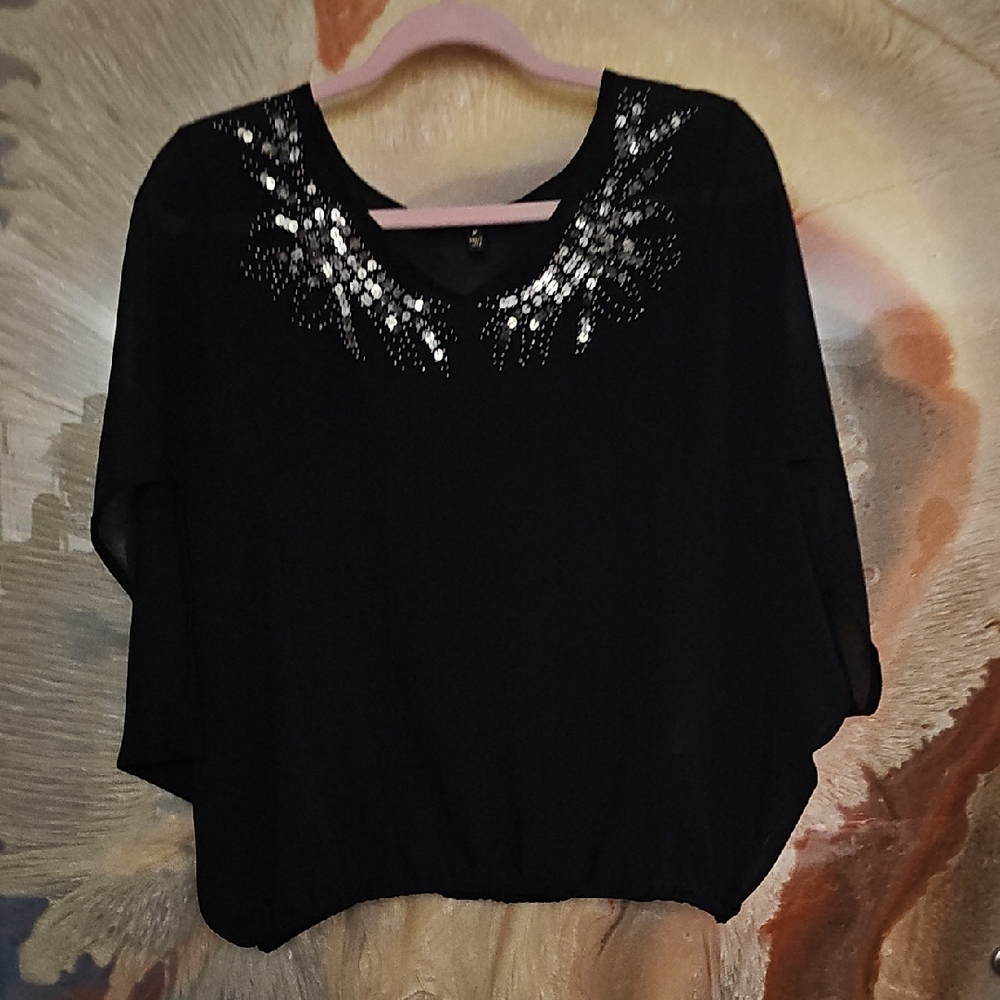 Elegant Black Sheer Blouse with Sequin Detail Dolman Sleeves Sz M